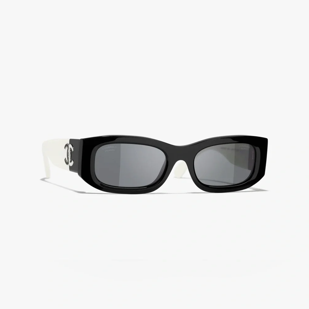CHANEL Black Front White Temple Rectangular Sunglasses